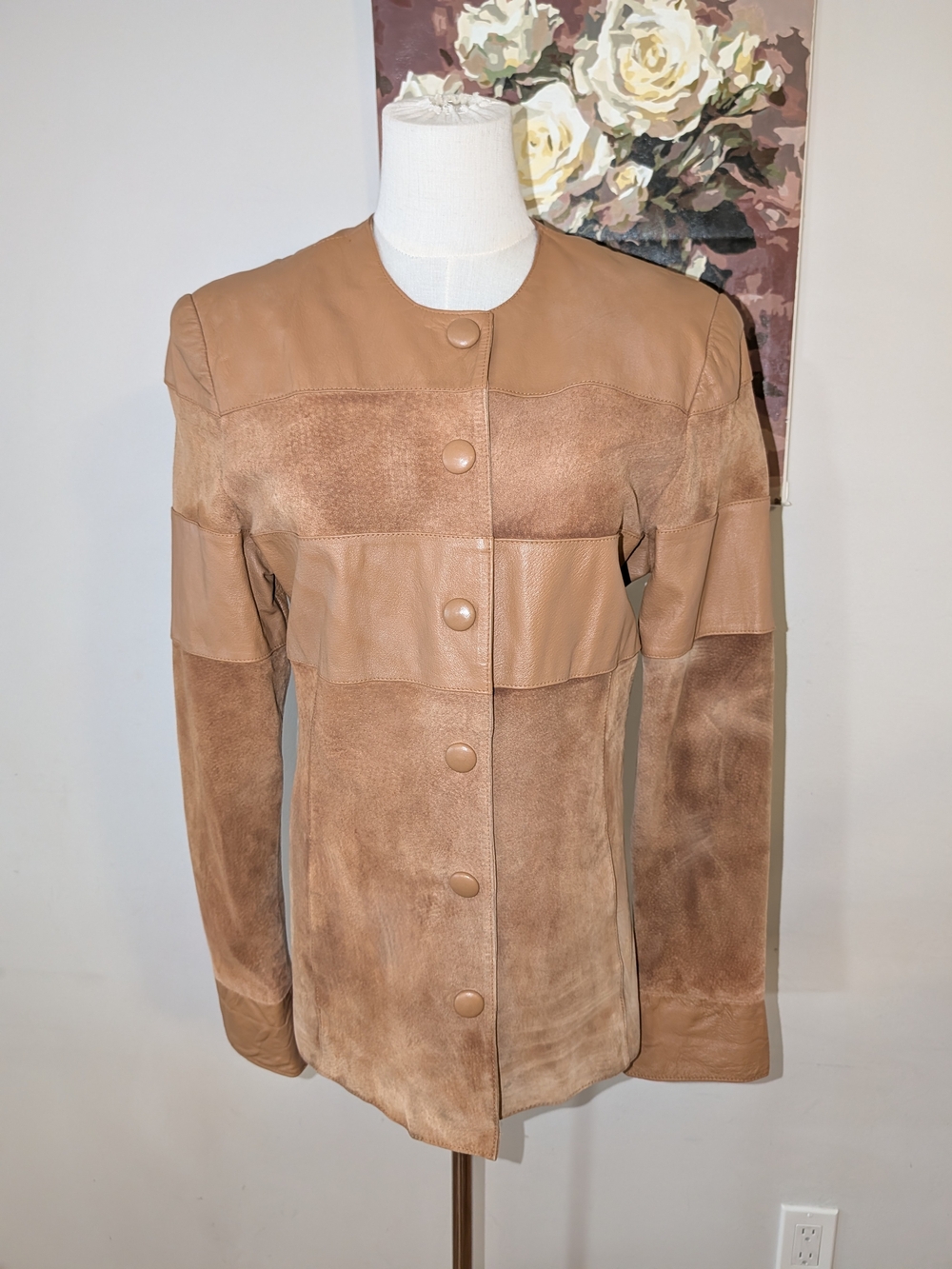 Vintage Leather And Suede Collarless Snap Down Jacket